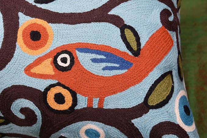 Lumbar Cushion Cover Hand Embroidered Wool 13x21 (Blue Birds Lumbar Pillow Cover)