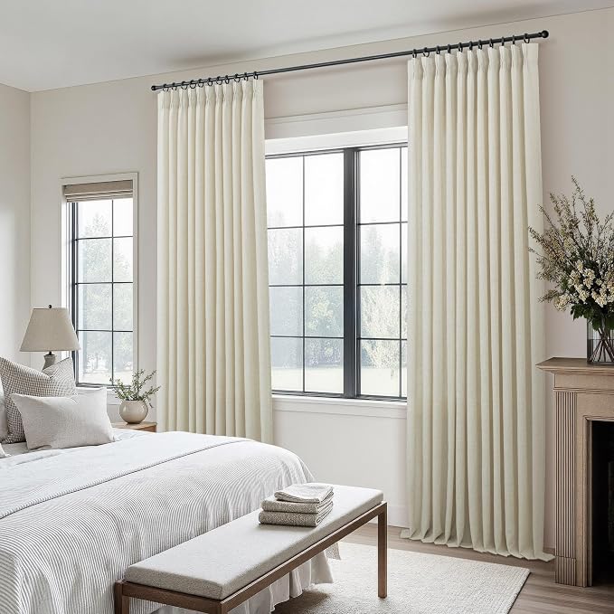 Extra Wide Beige Linen Curtain 96 Inches Long 2 Panels 70 Inch Wide for Living Dining Room Boho Neutral Rustic Pinch Pleated Drapes for Patio Sliding Glass Door Hooks Rings Sheer Privacy Curtain 70x96