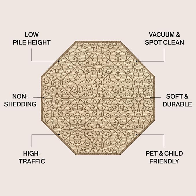 JONATHAN Y Vintage Filigree Indoor Outdoor Octagon Area Rug 5 Ft Beige/Brown, Madrid Textured Weave for Backyard, Patio, Porch, Easy-Cleaning, High Traffic, Pet-Friendly, Non-Shedding (SMB107B-5TGN)