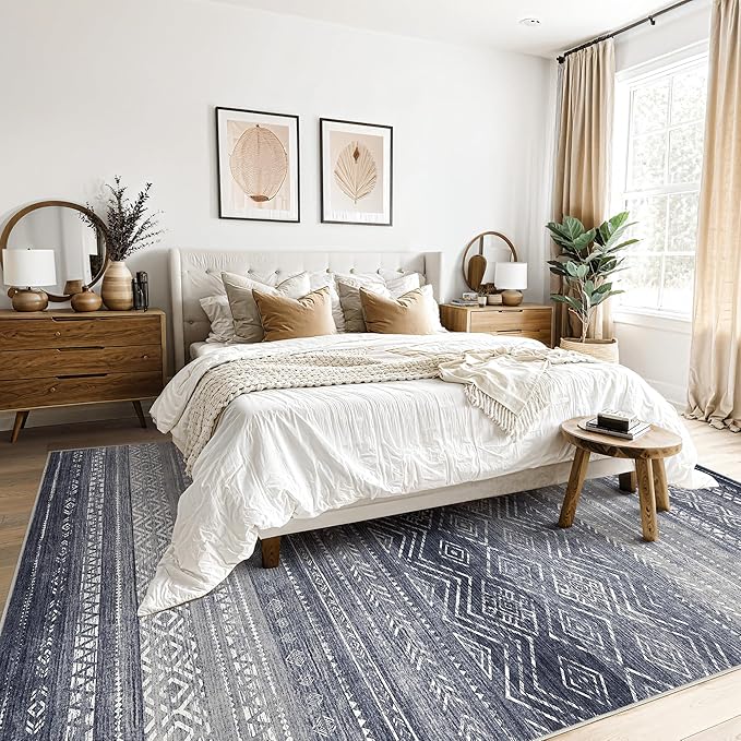 Tortania Area Rug Living Room Rugs- 10x13 Washable Large Soft Neutral Boho Moroccan Bohemian Farmhouse Rug Indoor Floor Carpet for Bedroom Under Dining Table Home Office Decor - Blue Gray