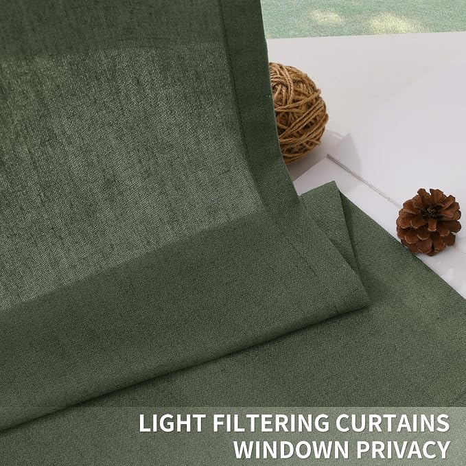 Olive Green Pinch Pleated Linen Curtains 108 Inch Length 2 Panels Set for Living Room Bedroom Vintage Neutral Country Privacy Light Filtering Semi Sheer Back Tab Drapes with Hooks for Nursery 40x108