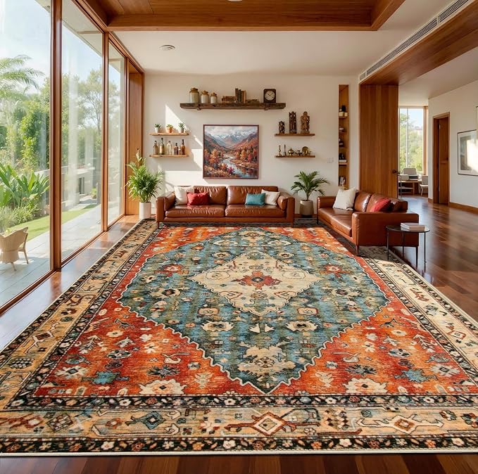 SERISSA 10x12 Area Rugs for Living Room, Large Washable Non-Slip Boho Rug, Ultra Soft Vintage Print Distressed Oriental Tribal Farmhouse Carpet for Dining Room Bedroom Office Home Decor