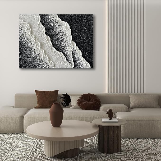 NANKAI Hand Painted Beach Wave Landscape Oil Painting Black and White Abstract Canvas Art Home Office Wall Deco Art Painting 28x40 inches