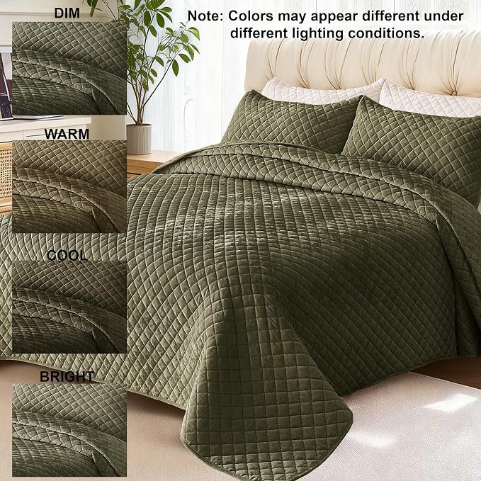 Velvet King Quilt Size Set 98x106 Luxury Ultra Soft Bedspread Coverlet 3-Piece King Comforter Sets with 2 Pillow Shams 20x36 Super Cozy for All Seasons Velvet Bedding Set, Army Green