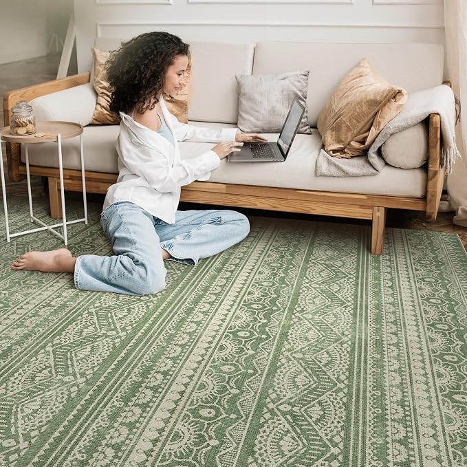 Tortania Area Rug Living Room Rugs - 6x9 Washable Large Soft Neutral Boho Moroccan Bohemian Farmhouse Rug Indoor Floor Carpet for Bedroom Under Dining Table Home Office Decor - Green