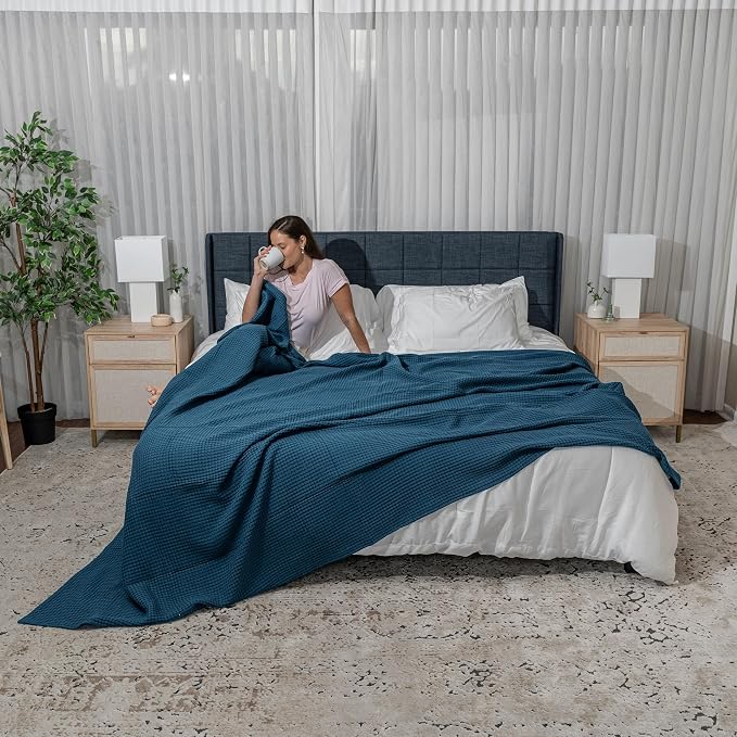 Comfy Cubs Waffle Blanket King, 108" x 90" - 100% Cotton Lightweight Breathable Bed Blanket - Soft Textured Thermal Weave for All Seasons – Decorative Cozy Layer for Couch, Sofa, or Bed - Neptune