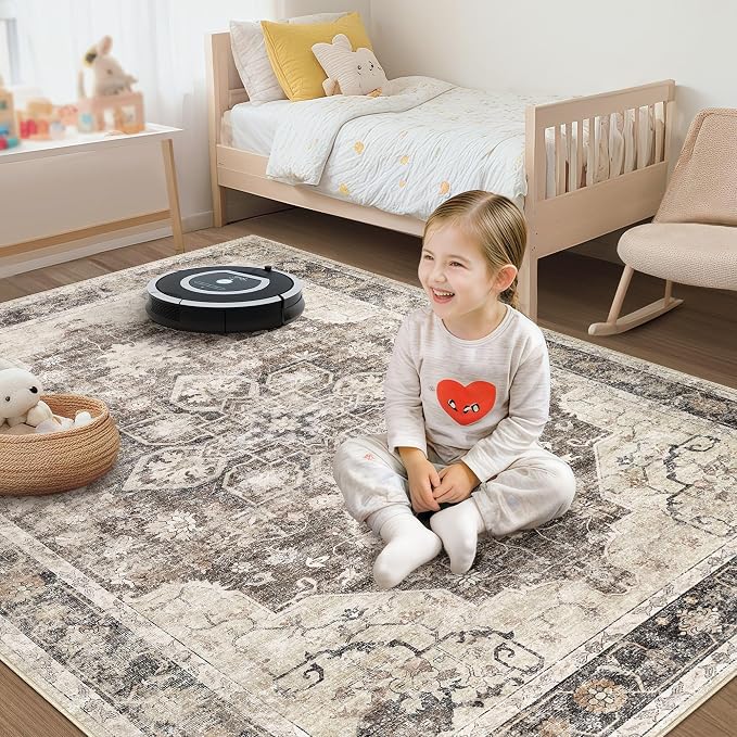 Area Rug for Living Room - 10X12 Soft Washable Vintage Floral Distressed Large Carpet - Fade Stain Resistant Non Slip Rugs for Bedroom Dining Room Nursery Dorm Office Home Decor - Dark Brown