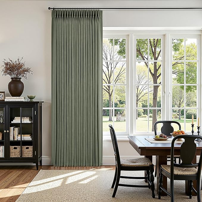 Sage Green Pinch Pleated Linen Curtains 96 Inches Long for Living Room Bedroom with Rings Hooks Clips Back Tab Semi Sheer Curtains Light Filtering Boho Farmhouse Drapes Light Green