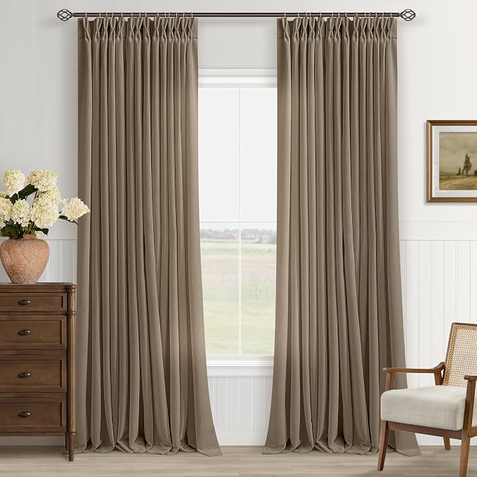 Pinch Pleated 90 Inch Curtains for Living Room Dark Brown Flax Linen Curtains 90 Inches Long Pinch Pleat Drapes Back Tab Boho Farmhouse Light Filtering Semi Sheer for Bedroom Dining Office