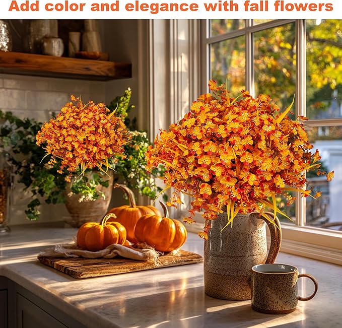 AXYLEX Artificial Mums for Outdoor Fall Flowers - Fake Plants UV Resistant No Fade Faux Plastic Home Decor Garden Porch Patio (1, OrangeMixed)