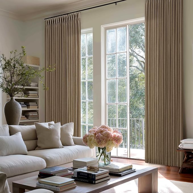 Pinch Pleated Brown Thick Linen Curtains 86 Inches Long for Living Room Bedroom Dutch Cocoa Boho Light Filtering Back Tab Pleat Curtain 86 Inch Length 2 Panels Semi Sheer Memory Trained Drapes 50x86
