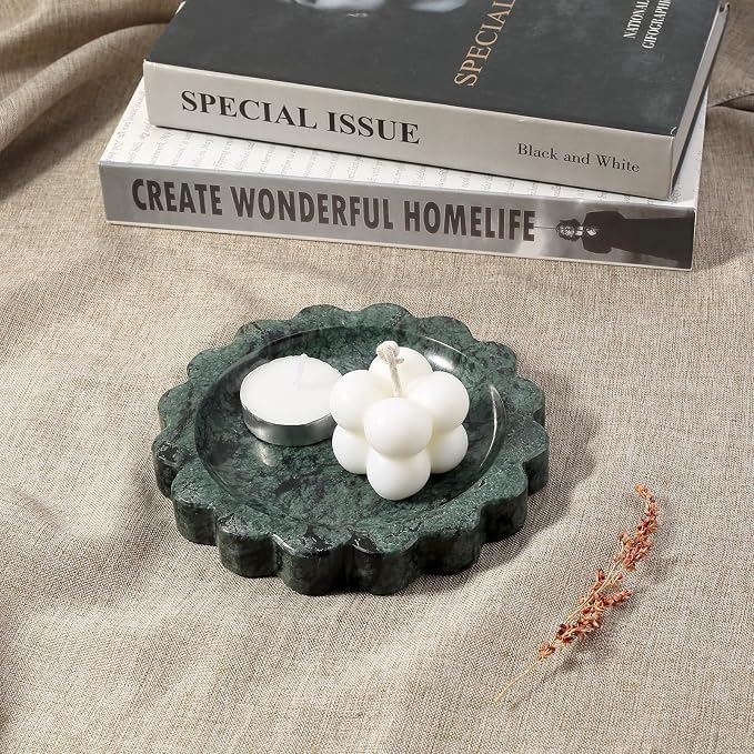 Koville 5.51" Scalloped Marble Tray, Round Stone Jewelry Trinket Dish for Ring, Natural Small Marble Tray for Bathroom Kitchen Dresser Countertop, Decorative Candle Tray(Green)