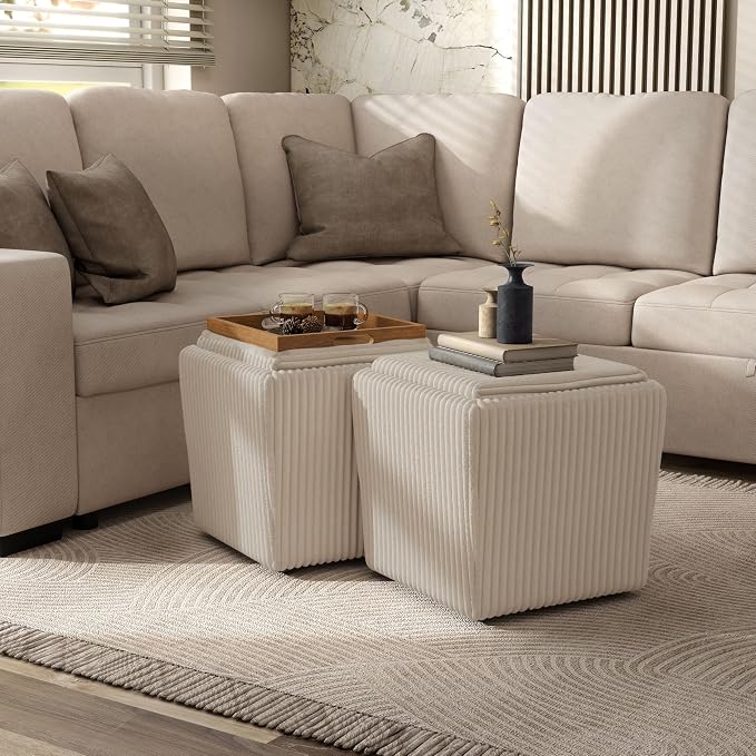 Furniture of America Lennox Modern Chenille 17-inch Square Storage Ottoman with Reversible Tray Top, Upholstered Footstool for Living Room, Bedroom, Entryway, Beige Pink