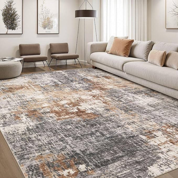 DMOYEST Area Rug Living Room Rugs - 10x12 Washable Large Soft Indoor Neutral Modern Abstract Low Pile Rug Carpet for Bedroom Dining Room Farmhouse Home Office - Grey Brown