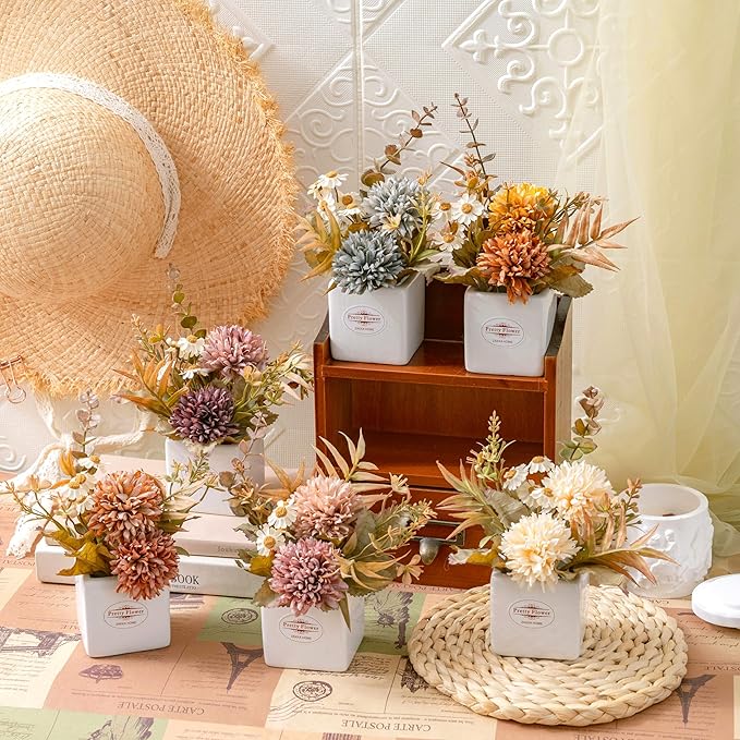 6PCS Artificial Fall Flowers with Ceramic Vases – Multicolor Small Fake Chrysanthemums & Daisies with Pot for Autumn Home Decor – Table Centerpieces for Kitchen, Mantel, Entryway or Tiered Tray