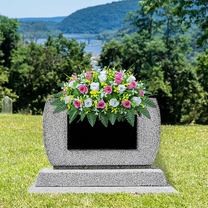 LVXINLI Artificial Cemetery Flowers Saddle-Shaped Tombstone Decorations Non-Fading UV-Resistant（Pink+White Saddle ）