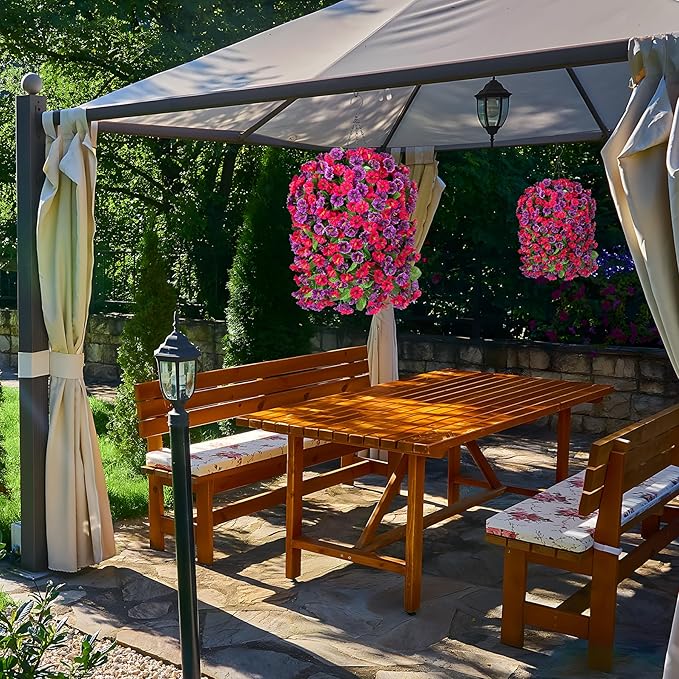 INXUGAO Artificial Flowers with Hanging Basket, Outdoor Faux Plants Silk Morning Glory Vines, Fake Green Arrangement for Garden Patio Spring Summer Decor(4pcs,Hot Pink Purple)