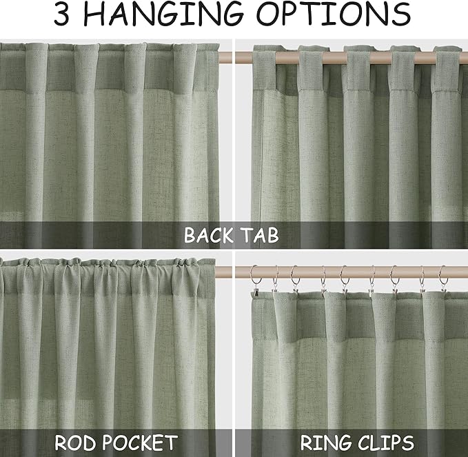 Nanspring Desert Sage Linen Curtains 102 Inches Long Rod Pocket Back Tab Drapes 2 Panels Set for Living Room Bedroom Light Filtering Semi Sheer Desert Sage Curtain 102 Length for Patio Door 52x102