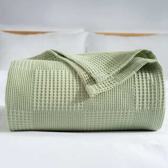 100% Turkish Cotton Blanket Twin Size Waffle Weave Blankets, Made in Turkiye, Light Airy Throw Bedspread (Mint Green, Twin Size Blanket 70 x 90 inch)