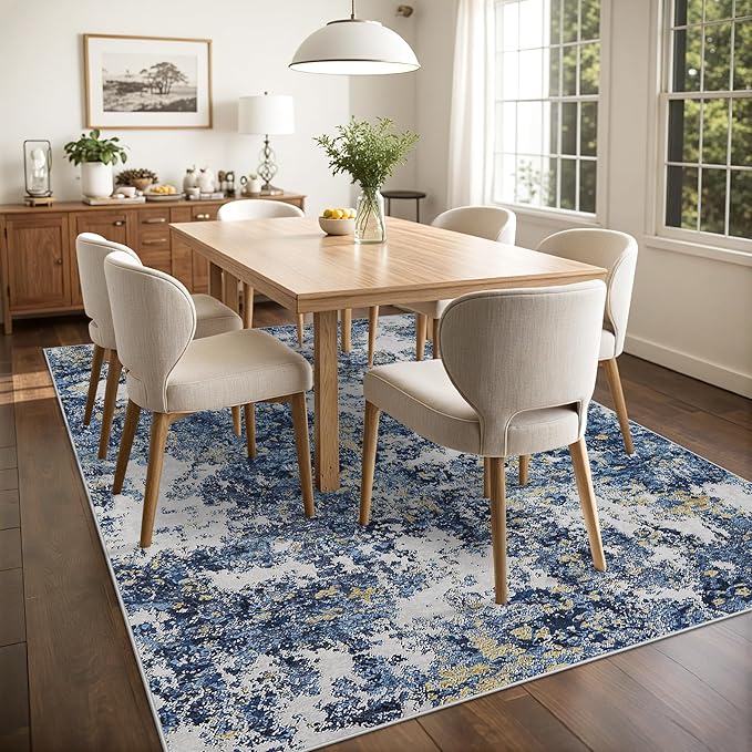 10x14 Area Rugs Living Room Rugs: Large Washable Rug with Anti-Slip Backing Non-Shedding Stain-Resistant Soft Abstract Carpet for Bedroom Dining Room Nursery Home Office-Blue/Multi