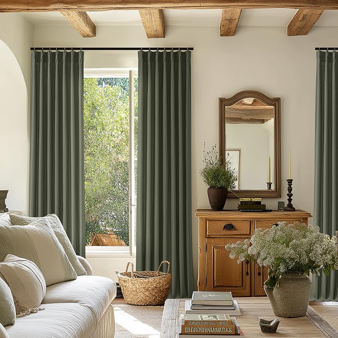 Dark Green Linen Curtains 96 Inches Long Memory Shape Trained Pinch Pleated Curtain for Living Room with Hooks Rings Back Tab Pinch Pleat Curtains 96 Inch Length for Bedroom Dining Room Rifle Green