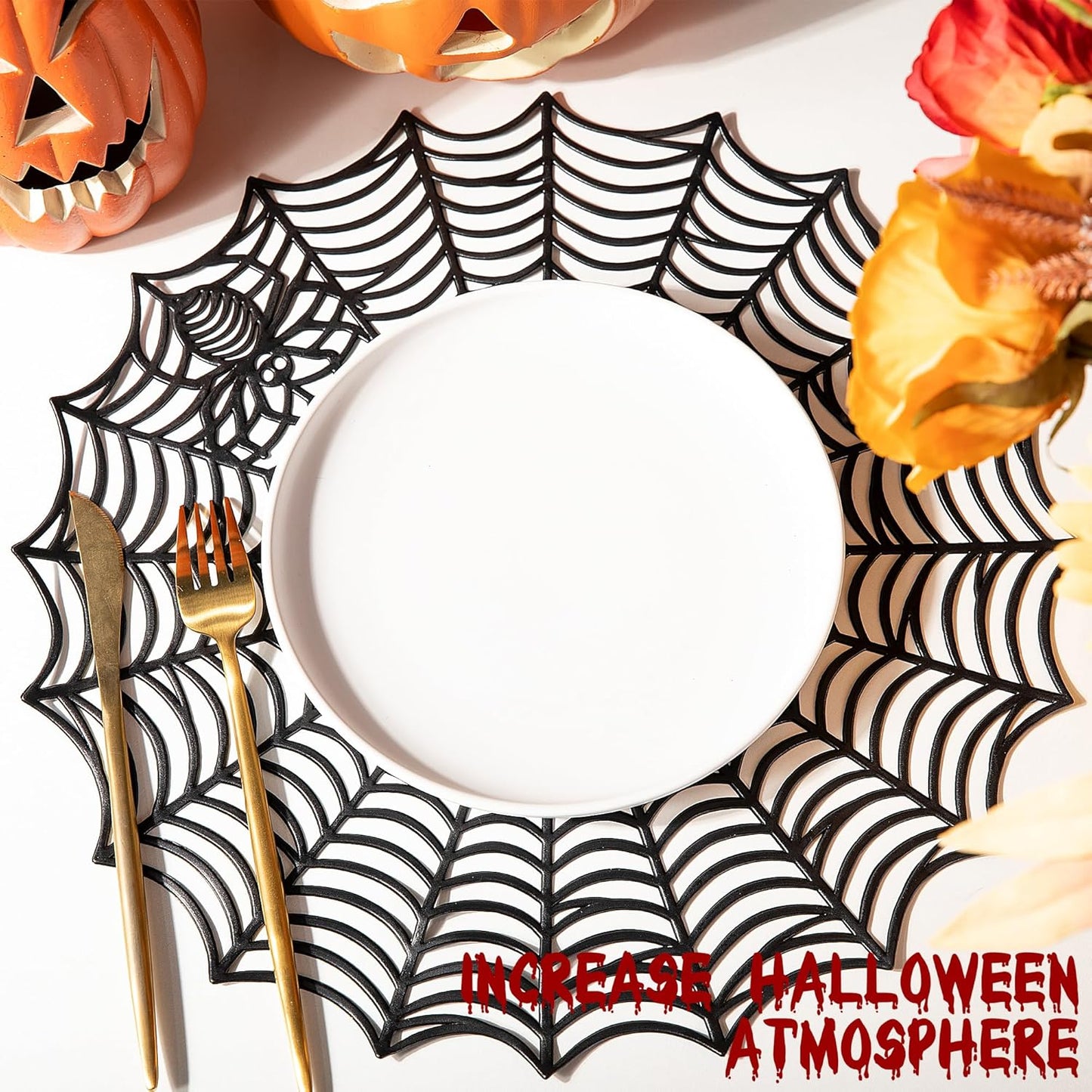 Sfcddtlg 6 Pcs Halloween Spider Web Placemats, 15" Heat Insulation Halloween Placemats Spider Web Table Mats, Hollow Out Spiderweb Coasters Placemat for Dining Table Party Decoration
