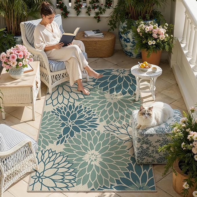 HUGEAR 3'x5' Waterproof Blue Floral Outdoor Rug Patio Linen-Look Floor Mat for Camping RV Outside Area Rug Deck Porch Balcony Backyard Picnic Beach Carpet Home Decor