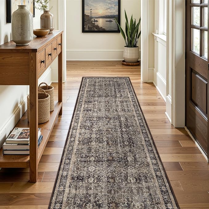 Dark 2x6 Washable Runner Rug, Mid-Century Modern Print Carpet Runners for Hallway Kitchen 6ft Non Slip, Vintage Classic Low Pile Entryway Runner for Bathroom Mudroom Bedroom, Brown/Black/Beige