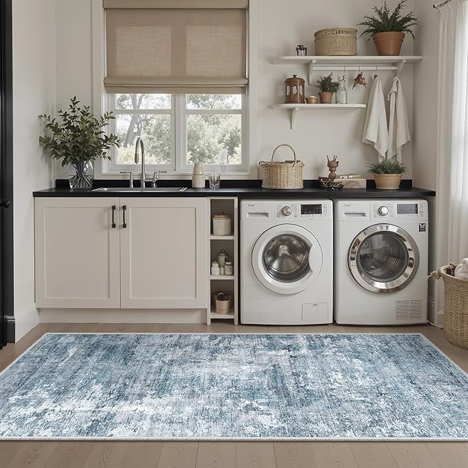 Soalmost Runner Rug 2'x6' Abstract Washable Non-Slip Runner Rugs for Kitchen Bathroom Laundry Room Blue Vintage Floor Carpet Runners for Hallway Entryway