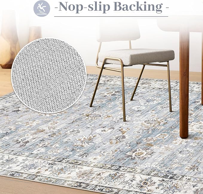 XLUEZ Area Rug 10x12 Living Room Rugs, Machine Washable Vintage Distressed Boho Area Rug Non-Slip Soft Low Pile Large Indoor Rugs for Bedroom Kitchen Dining Room Office(Light Blue,10'x12')