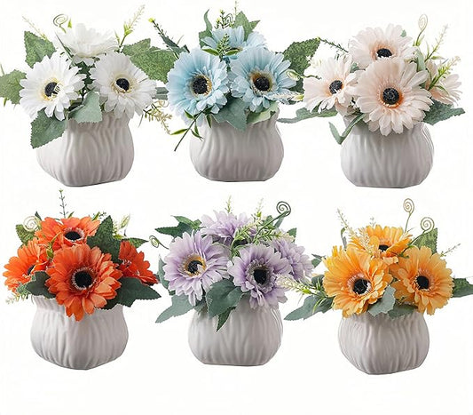 Donmills 6PCS Artificial Sunflower with Ceramic Vases – Spring Centerpiece Table Decorations, Faux Sunflower Floral Arrangements for Coffee Table, Dining Room, Kitchen & Farmhouse Home Decor