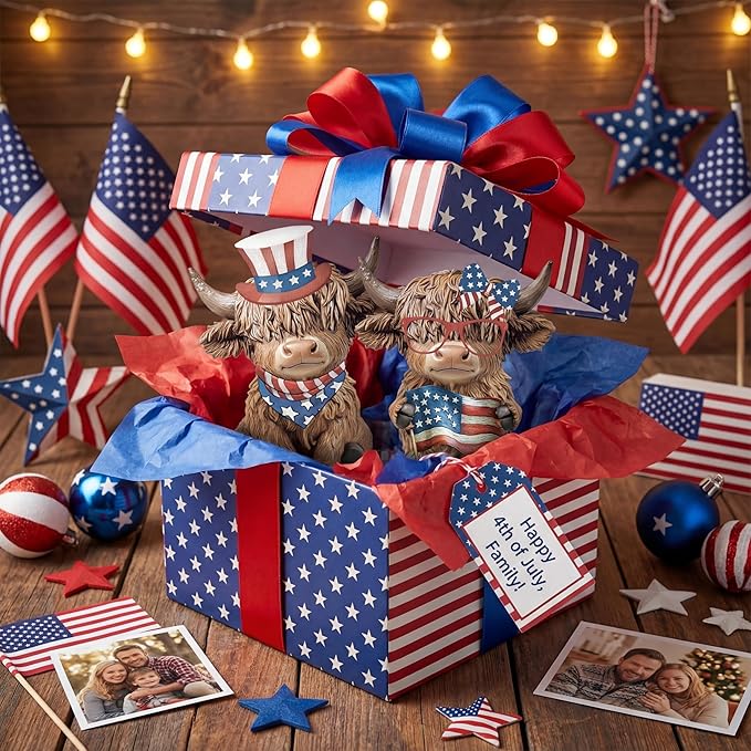 Karenhi 2 Pcs Patriotic Highland Cow Decor American Flag Figurines for 4th of July Memorial Day, Red White Blue Resin Cow Statues for 250th Anniversary Home Table Garden Decor