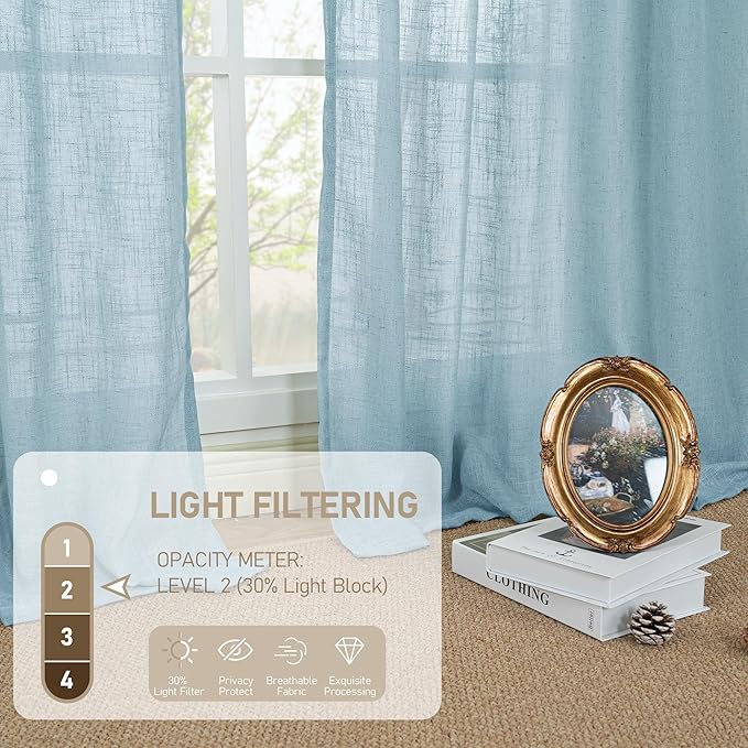 LAMIT 36 Inch Length Linen Curtains for Small Windows, Semi Sheer Light Filtering Panels Back Tab and Rod Pocket Country Decor Drapes for Basement/Kitchen, Stone Blue, 2 Panels, 34 x 36 Inch