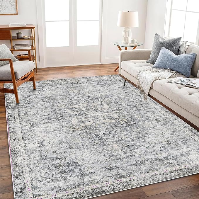CHAMPLANT Washable Area Rug 4'x6' Vintage Traditional Floor Cover Foldable Thin Rugs Retro Kitchen Indoor Distressed Non Slip Carpet Floral Print Mat Bedroom Living Room