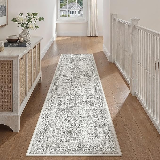 PureCozy Black Runner Rug 2x8 Hallway Machine Washable Kitchen Vintage Distressed Non Slip Long Carpet Indoor Retro Floral Bedroom Accent Throw Rug for Bathroom Office Laundry Dining Room