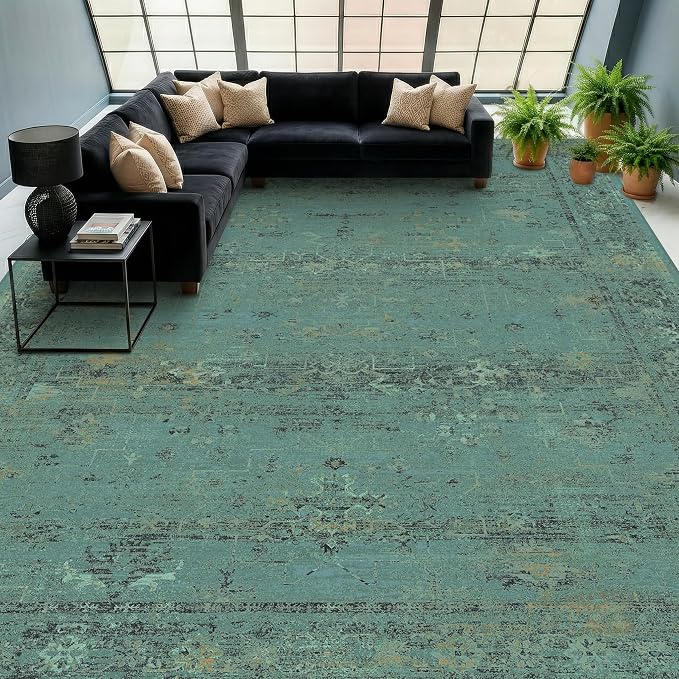 Turquoise Green 10x14 Washable Extra Large Area Rug for Living Room, Non Slip Low Pile Vintage Boho Carpet, Distressed Teal Geometric Rug for Dining Room, Bedroom, Farmhouse Home Décor
