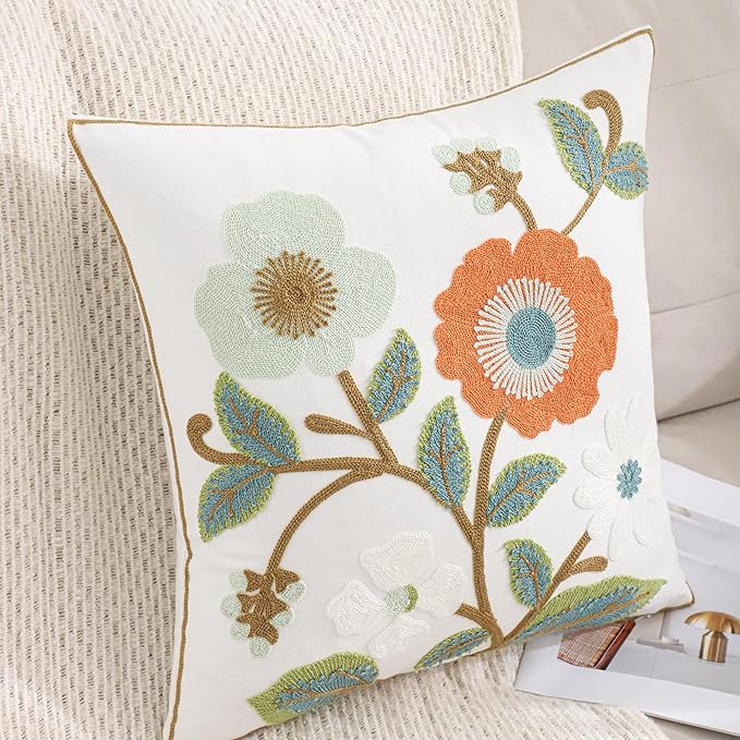 Green and Orange Throw Pillow Covers 18x18 Set of 2 Flowers with Leaves Embroidery Pillow Cushion Case Spring Summer Decorative Farmhouse Pillowcases Square Rustic Floral Pillow Case
