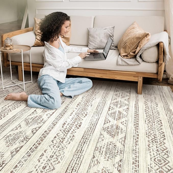 Tortania Area Rug Living Room Rugs - 10x14 Washable Large Soft Neutral Boho Moroccan Bohemian Farmhouse Rug Indoor Floor Carpet for Bedroom Under Dining Table Home Office Decor - Brown