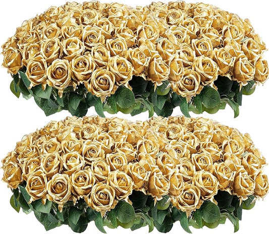 Auihiay 104PCS Gold Rose Artificial Flowers, Fake Roses, Lifelike Gold Roses Banquet for Wedding Centerpieces, Bridal Shower Bouquets, Home Decor, Mother's Day, Birthday, Valentine's Day Decoration