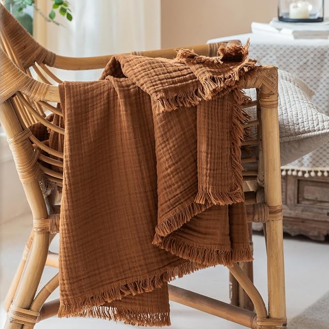 Muslin Fringe Blankets for Adults: 100% Cotton Cloud Soft | 4-Layer Gauze Breathable Lightweight All Season Throw Blanket for Bed Couch Sofa Office