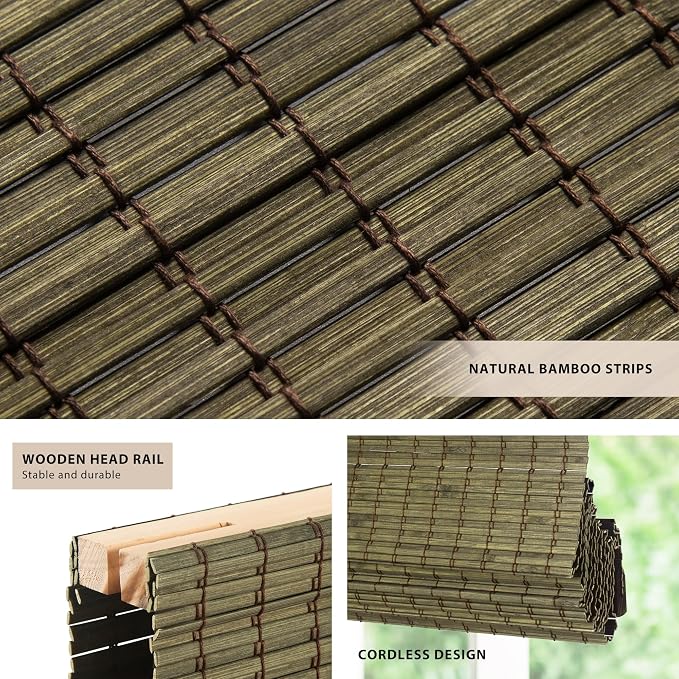 LazBlinds No Tools No Drill Cordless Bamboo Roman Shades, Privacy Window Treatment, Roll Up Bamboo Blinds for Windows 31'' W x 64'' H, Driftwood