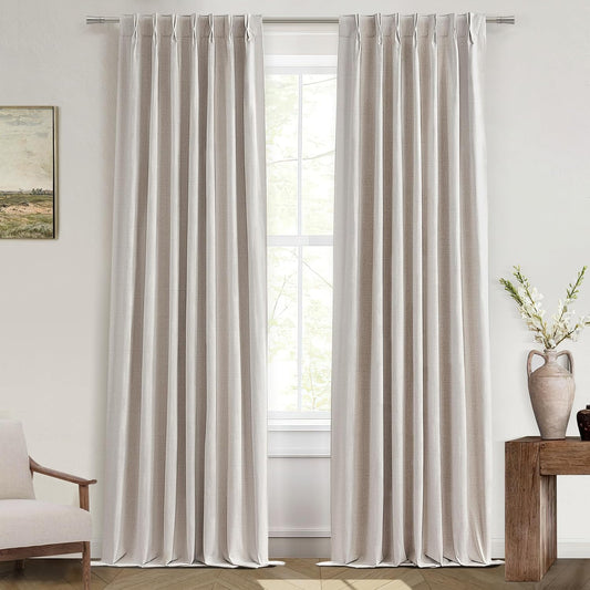 Primitive Curtain 112 Inch Long 2 Panels Burg,Pinch Pleated Cream Linen Blended Floor Length to Ceiling Traverse Curtains for Living Room Large Blackout Drapes Sun Blocking Window