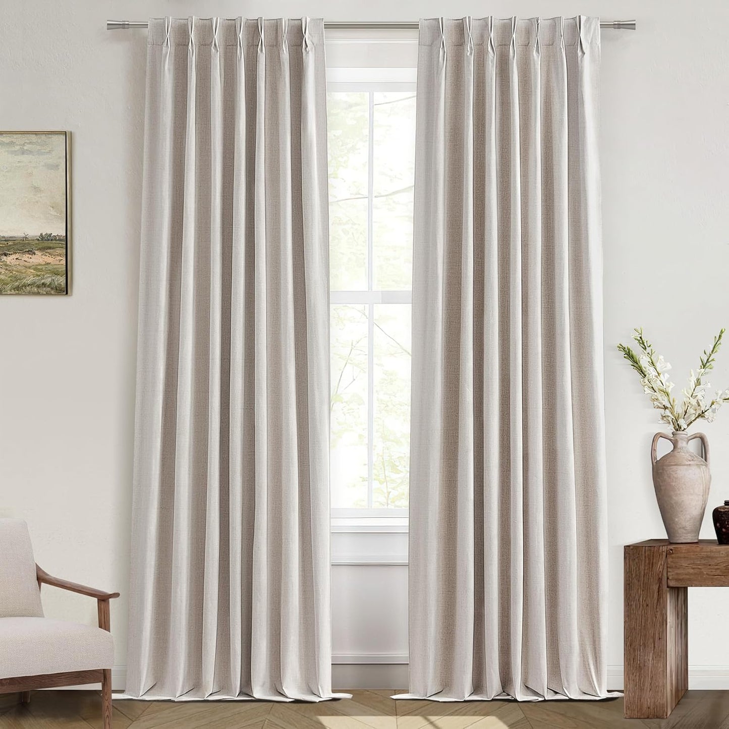 Pinch Pleated 92 Inch Curtains Blackout for Bedroom 2 Panels Set, Natural Linen Farmhouse Viral for 92-93 Inches Window Drapes Insulated Room Darkening Thick Patio Sliding Door with Back Tab Burg