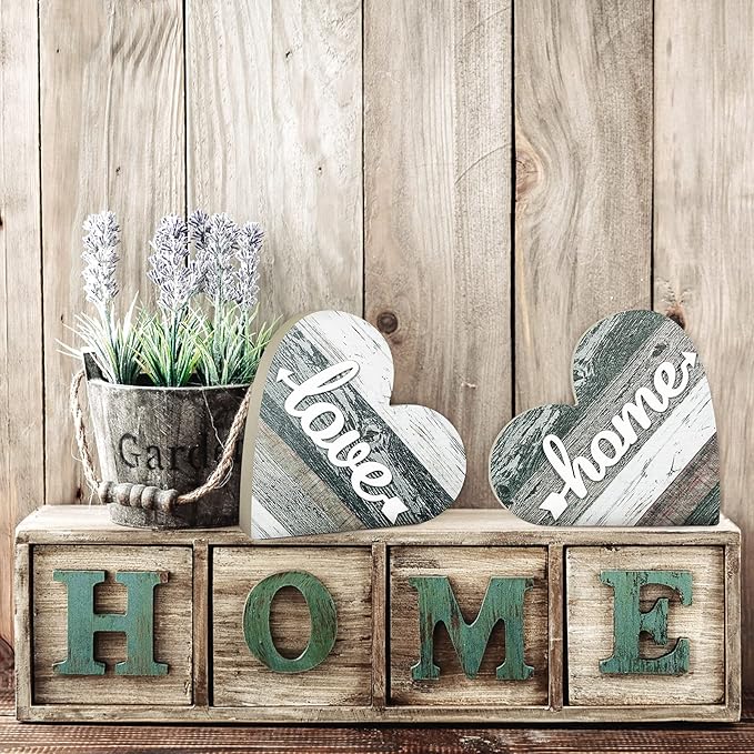 Jetec 2 Pcs Rustic Wooden Heart Table Decor, Daisy Farmhouse Home Decor, Bless This Home & Be Kind Sign for Living Room, Dining Room, Shelf & Mantel, Ideal Housewarming & Birthday Gift(Vintage Style)