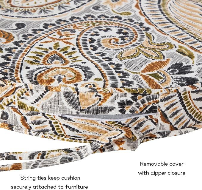 Set of 2 Outdoor 18 inch Round Patio Dining Chair Pads – Comfortable Fiber-Filled Seat Cushions with Ties, Reversible Polyester Fabric, Arctic Paisley
