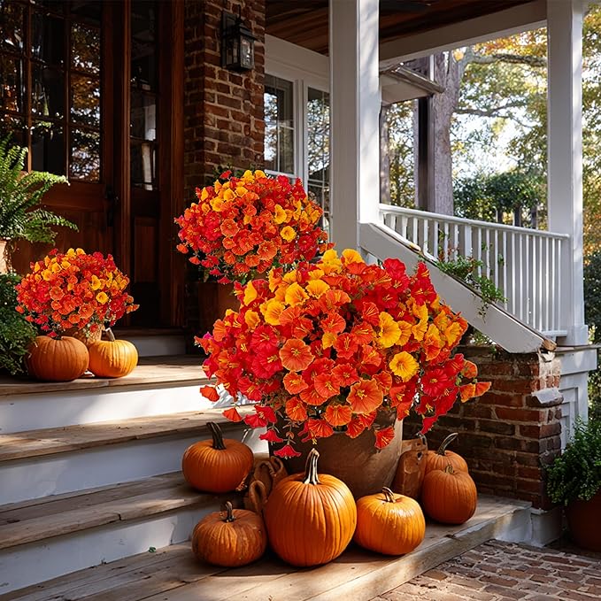 AXYLEX Artificial Fall Flowers Outdoor Fake Mums - 16 Bundles Fake Plants UV Resistant No Fade Faux Plastic Greenery Garden Morning Glory Home Decor (1, MixedFall 4 Colors)