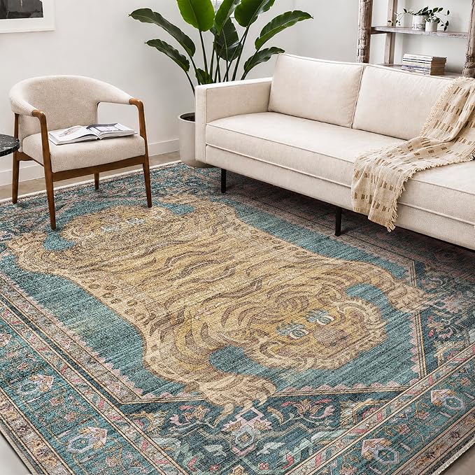 CHAMPLANT Washable Area Rug 8'x10' Retro Boho Design Non-Shedding Non-Slip Easy Care Ideal for High Traffic Areas in Living Room Bedroom Office Coffee Table Kitchen Large Carpet