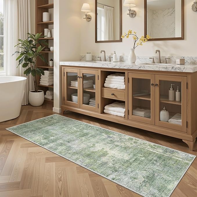 Soalmost Runner Rug 2x5 Washable Non-Slip Kitchen Runner Rugs for Bathroom Laundry Room Green/Ivory Vintage Floor Carpet Runners for Hallway Entryway