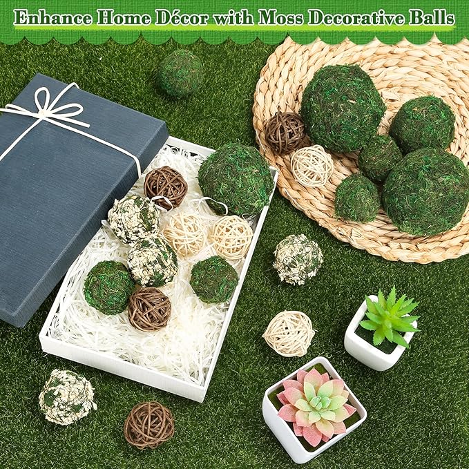 Lezmarket 24 Pcs Decorative Moss Balls for Centerpiece Bowls - Assorted Sizes Fake Moss Balls+Wicker Rattan Balls+Flower Balls, Artificial Greenery Vase Fillers for Home Garden Farmhouse Rustic Decor