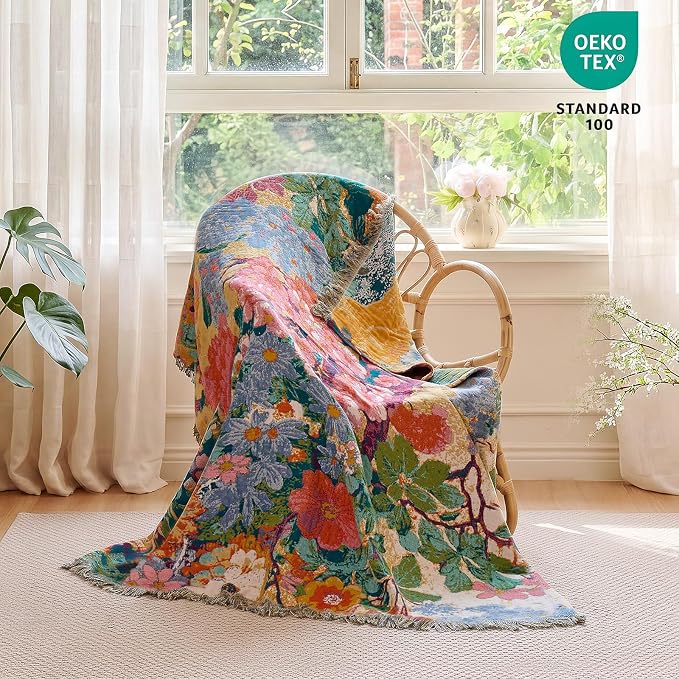 MSGKV Boho Throw Blanket for Bed 60"x80" Cotton Couch Blankets Floral Twin Size Summer Breathable Farmhouse Blankets All Seasons Lightweight Muslin